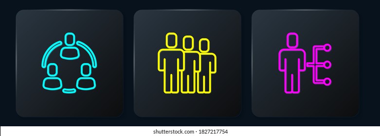 Set line Project team base, User of man in business suit and Users group. Black square button. Vector