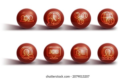 Set line Project team base, Create account screen, Globe and people, Resume, Speech bubble with job, Time Management,  and  icon. Vector