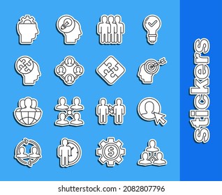 Set line Project team base, User of man in business suit, Head hunting concept, Users group, Human head puzzles strategy, with gear inside and Piece icon. Vector
