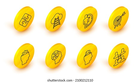 Set line Project team base, Human head puzzles strategy, with gear inside, Target arrow, Time Management, Ladder leading to cloud and Piece of icon. Vector