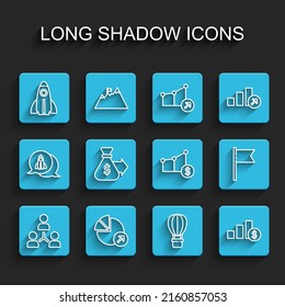 Set line Project team base, Financial growth, Startup project concept, Hot air balloon, Pie chart and dollar, Money bag, Location marker and  icon. Vector