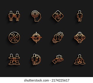 Set line Project team base, Time Management, Target and check mark,  and Human with gear inside icon. Vector