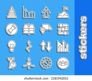 Set Line Project Team Base, Pie Chart Infographic, Graph, Chart, Diagram, Percent Up Arrow, Layers, Old Hourglass With Sand, Pyramid Infographics And Delivery Tracking Icon. Vector