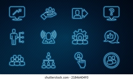 Set Line Project Team Base, Hand Like, Team Leader, Head Hunting, User Of Man Business Suit, Graph, Schedule, Chart,  And For Search People Icon. Vector