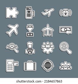 Set line Project team base, Magnifying glass and dollar, Cash back, Plane, Lead management, Piece of puzzle and  icon. Vector