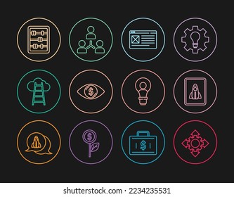 Set line Project team base, Startup project concept, Browser window, Eye with dollar, Stair finish flag, Abacus, Head lamp bulb and  icon. Vector
