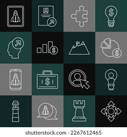 Set line Project team base, Head with lamp bulb, Pie chart and dollar, Piece of puzzle, hunting concept, Startup project and Mountains flag icon. Vector