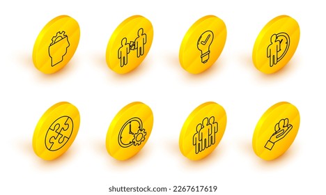 Set line Project team base, Users group, Time Management, Piece of puzzle, Light bulb and check mark,  and Human with gear inside icon. Vector