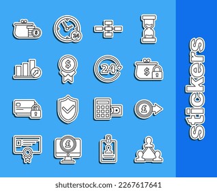 Set line Project team base, Reward for good work, Presentation financial graph, schedule, chart, diagram, infographic, pie, Wallet coins and Clock 24 hours icon. Vector