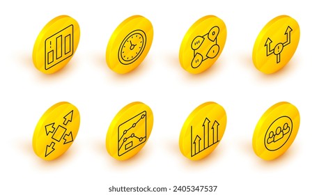 Set line Project team base, Pie chart infographic, Graph, chart, diagram, Many ways directional arrow, Arrow, Infographic element, Clock and  icon. Vector