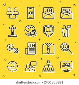 Set line Project team base, Magnifying glass for search job, Man holding flag, Search, Globe and people, Productive human, Exchange work and User protection icon. Vector