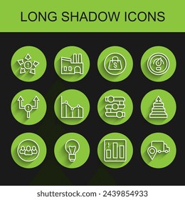 Set line Project team base, Light bulb, Many ways directional arrow, Pie chart infographic, Delivery tracking, Pyramid infographics and Graph, chart, diagram icon. Vector