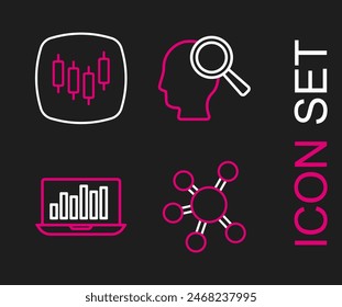 Set line Project team base, Laptop with graph chart, Search people and Browser stocks market icon. Vector