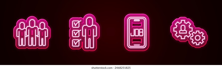 Establecer línea Base del equipo del proyecto, currículum, trabajo de Búsqueda y humano con engranaje. Icono de neón brillante. Vector