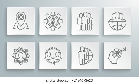 Set line Project team base, Gear with dollar symbol, Human resources, Globe and people, Head hunting concept, Users group,  and Location job icon. Vector