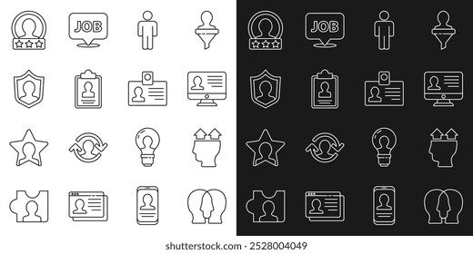 Set line Project team base, User of man, Monitor with resume, Clipboard, protection, Create account screen and Identification badge icon. Vector