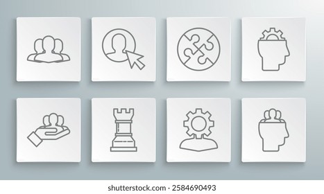Set line Project team base, User of man in business suit, Business strategy, Human with gear inside, Piece puzzle,  and Users group icon. Vector