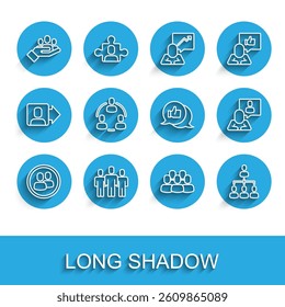 Set line Project team base, Users group, Hand for search people, Hierarchy organogram chart, Head hunting and like icon. Vector