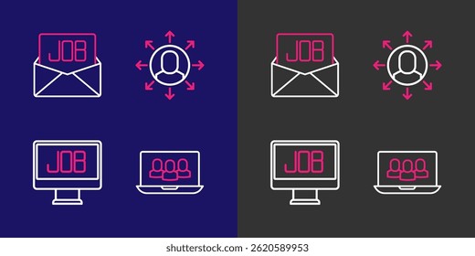 Set line Project team base, Search job, Multitasking manager working and  icon. Vector