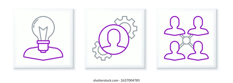 Set line Project team base, Human head with lamp bulb and gear inside icon. Vector
