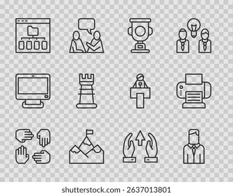 Set line Project team base, Worker, Award cup, Mountains with flag, Browser files, Business strategy, Growth chart and progress and Printer icon. Vector