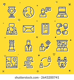 Definir a linha Base da equipe do projeto, Treinamento, Apresentação, Bate-papo de balão de fala, Envelope, Dois homens sentados conversando, Copa do prêmio e Área de transferência com ícone de lista de verificação. Vetor