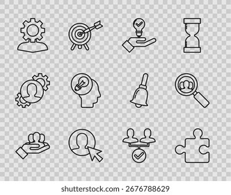 Definir a linha Base da equipe do projeto, Peça de quebra-cabeça, Lâmpada na mão, Homem de usuário terno de negócios, Humano com engrenagem interna, lâmpada de cabeça e Lupa para pesquisar pessoas ícone. Vetor