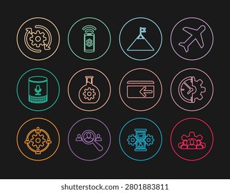 Set line Project team base, Clock and gear, Mountains flag, Bioengineering, Voice assistant, Gear arrows workflow, Cash back and Contactless payment icon. Vector