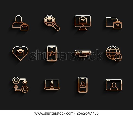 Set line Project team base, Video chat conference, Freelancer, camera Off mobile,  and Web icon. Vector