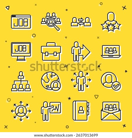 Set line Project team base, Worker, Exchange work, Briefcase, Search job,  and Leader of of executives icon. Vector