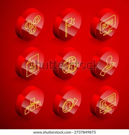 Set line Project team base, Location marker, Key performance indicator, Resume, Globe and people, Hand search, Hierarchy organogram chart and Create account screen icon. Vector