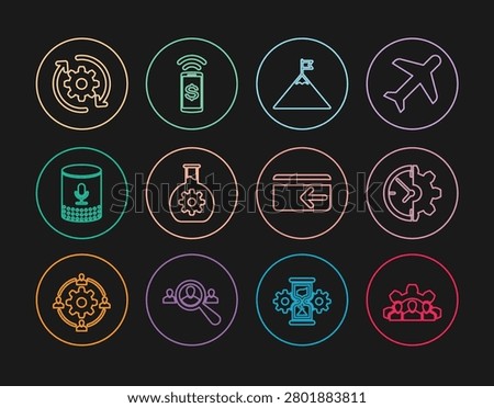 Set line Project team base, Clock and gear, Mountains flag, Bioengineering, Voice assistant, Gear arrows workflow, Cash back and Contactless payment icon. Vector