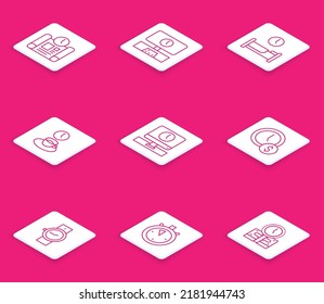 Set line Projekt Zeitplan, Smart TV, Zeit zu schlafen, Kaffee, Monitor, ist Geld, Armbanduhr und Stoppuhr Symbol. Vektorgrafik