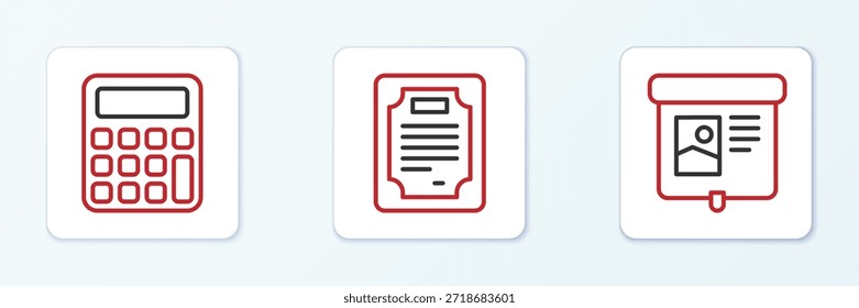 Ajuste la pantalla de proyección de línea, calculadora e ícono de Plantilla de certificado. Vector