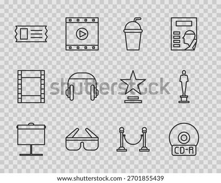 Set line Projection screen, CD or DVD disk, Paper glass with straw, 3D cinema glasses, Cinema ticket, Headphones, Rope barrier and Movie trophy icon. Vector