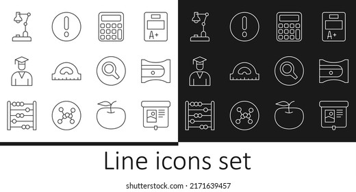 Set line Projection screen, Pencil sharpener, Calculator, Protractor grid, Graduate and graduation cap, Table lamp, Magnifying glass and Speech bubble Exclamation icon. Vector