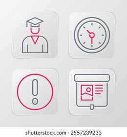 Set line Projection screen, Speech bubble and Exclamation, Clock and Graduate graduation cap icon. Vector