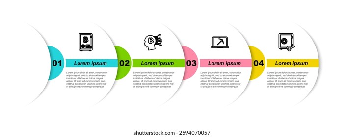 Set line Proof of stake, Bitcoin think, Mining with laptop and pickaxe and . Business infographic template. Vector