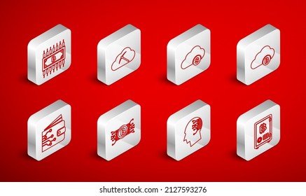 Set line Proof of stake, Cryptocurrency cloud mining, Brain as digital circuit board, bitcoin with, and wallet icon. Vector