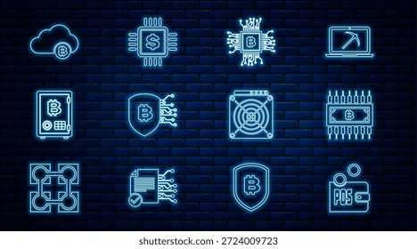 Prueba de participación, criptomoneda bitcoin con circuito, granja de minería de CPU, escudo, nube, ASIC Miner e icono de dólar de chip de procesador. Vector