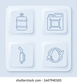 Set line Propane gas tank, Canister for gasoline, Gasoline pump nozzle and Oil drop. White square button. Vector