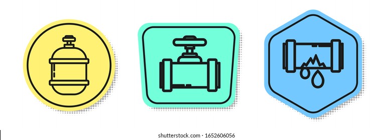 Set line Propane gas tank, Industry metallic pipes and valve and Broken metal pipe with leaking water. Colored shapes. Vector