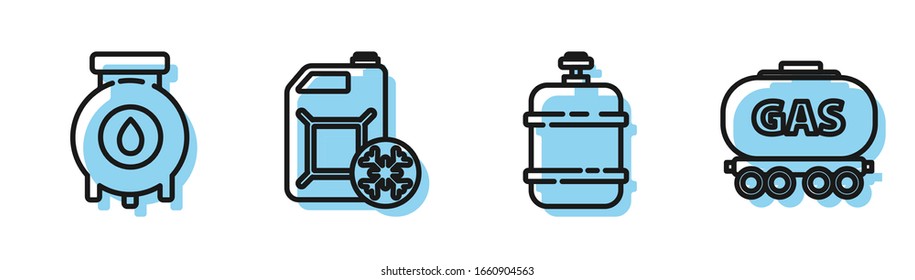 Set line Propane gas tank, Oil and gas industrial factory building, Antifreeze canister and Gas railway cistern icon. Vector