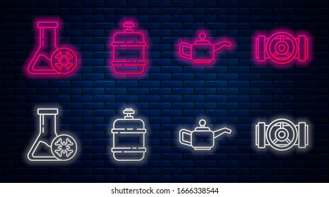 Set line Propane gas tank, Canister for motor machine oil, Antifreeze test tube and Industry metallic pipes and valve. Glowing neon icon on brick wall. Vector