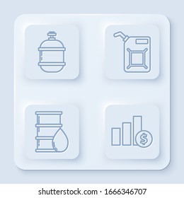 Set line Propane gas tank, Canister for gasoline, Barrel oil and Pie chart infographic and dollar. White square button. Vector