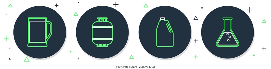 Set line Propane gas tank, Household chemicals bottle, Glass of beer and Test tube and flask icon. Vector