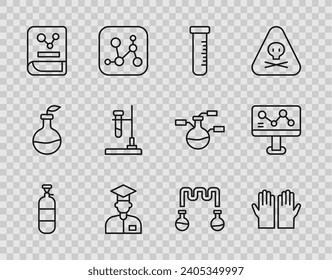 Set-Line-Propan-Tank, Medizinische Gummihandschuhe, Reagenzglas und Kolben, Laborassistent, Chemiebuch, auf Feuer, und Chemische Formel Symbol. Vektorgrafik