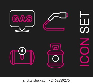 Set line Propane gas tank, Gas for vehicle, Electrical cable plug charging and Location and station icon. Vector
