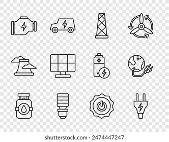 Set line Propane gas tank, Electric plug, Antenna, LED light bulb, Check engine, Solar energy panel, Power button and Global power planet icon. Vector