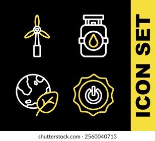 Set line Propane gas tank, Power button, Earth globe and leaf and Wind turbine icon. Vector